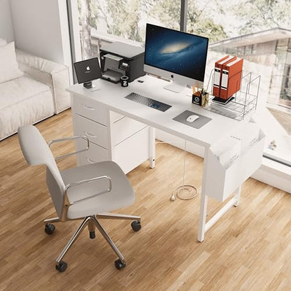 47.3" Office Desk with Power Outlet,3 Drawers,Side Pocket, Study Desk Easy to Assemble,Frame Stability Reversible for Home, Company Computer Game Table,Vanity Table, White