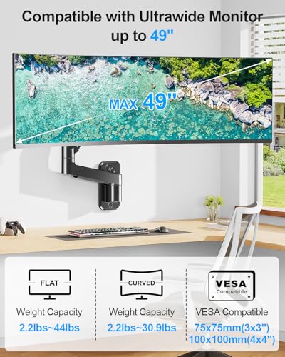 Monitor Wall Mount fits 22"-49" Ultrawide Flat & Curved Screens, Heavy Duty Single Monitor Wall Arm Holds 2.2 to 44 lbs, Full Motion Adjustable Wall Bracket, VESA Mount 75x75mm/100x100mm
