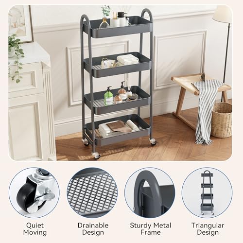 NEWBULIG 4-Shelf Metal Rolling Storage Utility Cart with Lockable Wheels - color: Gray, size: 4 Shelves