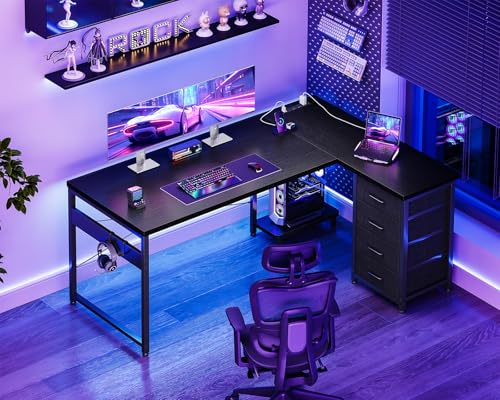 AODK 53" L Shaped Gaming Desk with 4 Drawers and Power Outlets, Black | USB Ports, PC Tower Stand, Hooks, Reversible Corner Layout for Gaming Rooms, Bedrooms and Home Office - color: Black, size: 53 Inch