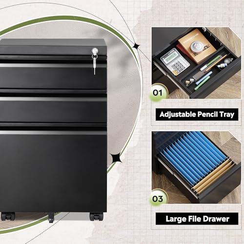 DEVAISE 3 Drawer File Cabinet with Lock, Fully Assembled Except Casters | Metal Filing Cabinet Under Desk for Home Office, Fits Letter/Legal/A4 Size, Black - color: Black, size: 17"D x 15"W x 24"H