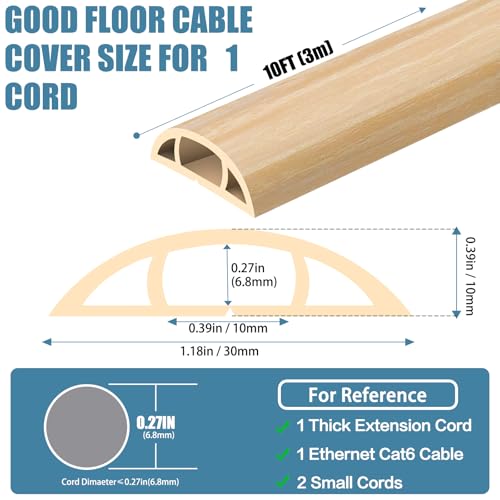 Floor Cord Covers for Wires 10FT Cable Hider Wire Cover Self Adhesive Cord Hider Floor for Offices, Homes, Workshops, Warehouses Cable Cavity 0.39" W x 0.27" H - color: White Oak, size: 1.18" x 10'