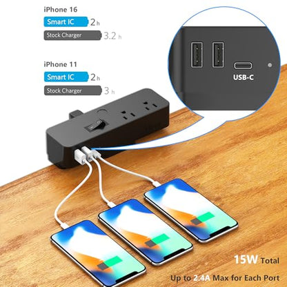 Hiree Under Desk Cable Management Tray with 8 AC Outlets, 2 USB & 1 USB-C Ports - Clamp Mount Storage Basket Organizer, No-Drill Wire Cord Management for Standing Desk Home Office（Black）