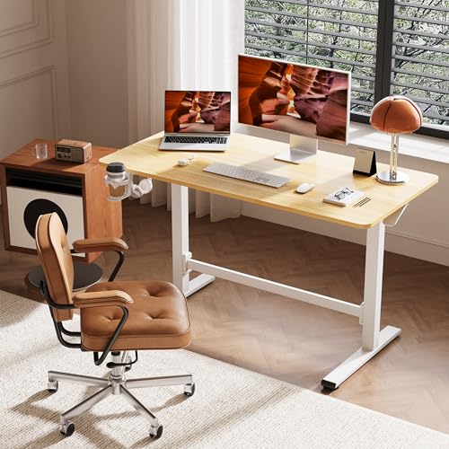 40''Pneumatic Standing Desk,Onepiece Adjustable Height Home Office | Maple 39.4" x 23.6" Home Desk Rolling Computer Workstation with Hooks & Cup Holder,Hidden Casters - color: Maple, size: 4024