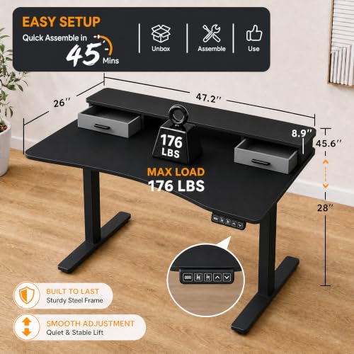 Grandder Electric Standing Desk with Two Drawers, Curved Sit to Stand Up Height Adjustable Desk with Storage Shelf for Home Office, 47 * 26 Inch, Study, Ergonomic Adjustable Computer Desk, Black - color: Black With Curved, size: 47 Inch