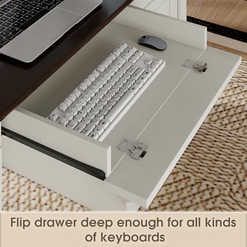 Bevfint 61.85″ Executive Desk with Roman Column Design, Large Boss Office Desk 3 Drawers incl. File Drawer, Keyboard Tray, Cabinet Shelf with Door, White with Brown Desktop - color: White With Brown Desktop, size: 61.85" Roman Column Desk