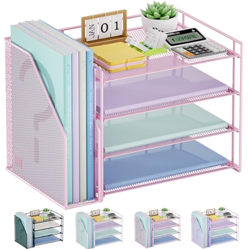 Marbrasse 4-Tier Paper Tray Organizer with File Holder, Pink | Sturdy Paper Tray, Built-in File Holder, fits Letters/Docs, Saves Desk Space, for School/Office/Home - color: Pink