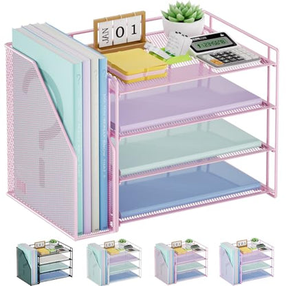 Marbrasse 4-Tier Paper Tray Organizer with File Holder, Pink | Sturdy Paper Tray, Built-in File Holder, fits Letters/Docs, Saves Desk Space, for School/Office/Home - color: Pink