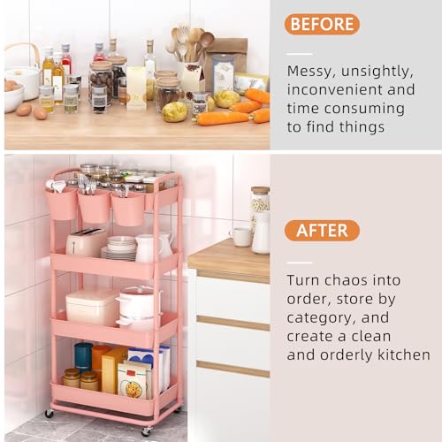 4-Tier Plastic Rolling Storage Cart Utility Cart with Extra Hanging Cups Handles Lockable Wheels for Living Room Bathroom Kitchen Office Pink | Utility Cart with Extra Hanging Cups Arc-Shaped Handles Lockable Wheels for Living Room Bathroom Kitchen Office