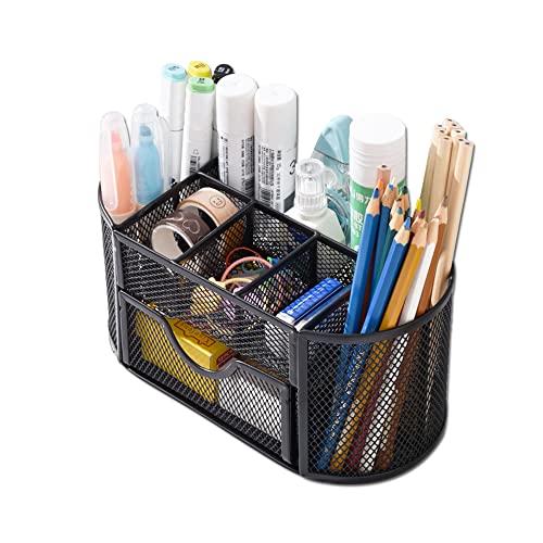 Desk Organizer Stationery Storage, Pencil Holder for Desk, Wire Mesh Office Supplies Desk Accessories Workspace Organizers with 9 Compartments and Mini Drawer (Black) - style: 9 Compartments