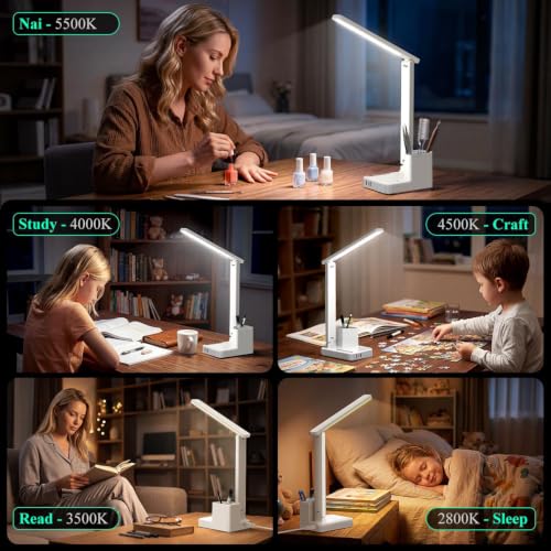 LED Desk Lamps for Dorm Office with USB C Charging Station, 800lm, CRI>90 - color: White