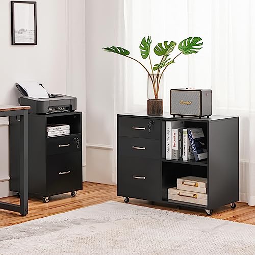Yaheetech Mobile File Cabinet with Lock, 3-Drawer Printer Stand, Black | Lockable drawer, open shelves, and a printer top organize office files; mobile wood-finish cabinet on wheels, holds 220 lb. - color: Black