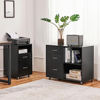 Yaheetech Mobile File Cabinet with Lock, 3-Drawer Printer Stand, Black | Lockable drawer, open shelves, and a printer top organize office files; mobile wood-finish cabinet on wheels, holds 220 lb. - color: Black
