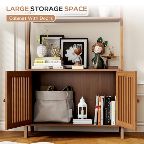 Bookcase with Drawers, Ladder Shelf 4-Tier Bamboo Bookshelf with 6 Hooks - color: 4-tier Walnut