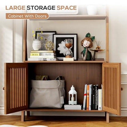 Bookcase with Drawers, Ladder Shelf 4-Tier Bamboo Bookshelf with 6 Hooks - color: 4-tier Walnut