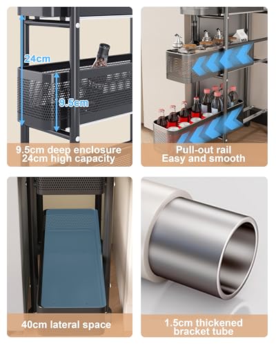 UMDONX 5-Tier Narrow Mobile Storage Cart with Pull-Out Baskets - color: Black, size: 5 Tier
