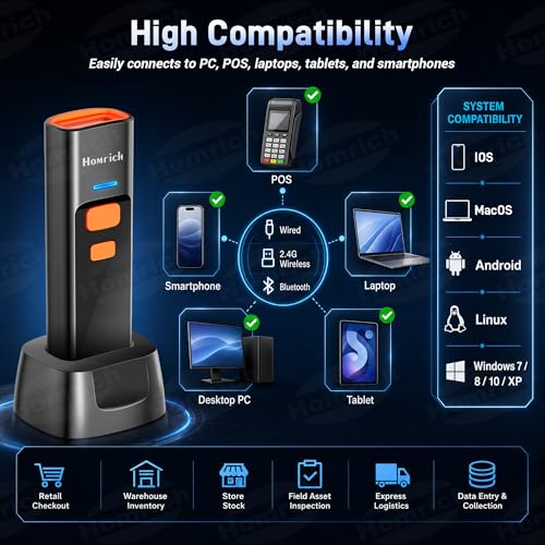 3-in-1 Bluetooth & 2.4G & USB Wire Mini Barcode Scanner with Charging Dock