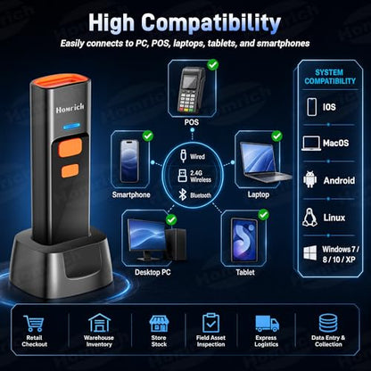 3-in-1 Bluetooth & 2.4G & USB Wire Mini Barcode Scanner with Charging Dock