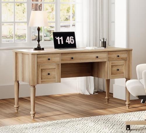 WAMPAT Farmhouse Executive Desk with Drawers, 56 Inch Writing Desk, Oak | Vintage Home Office Desk with Charging Station, Outlet & USB Type-C Port, 2 Storage Cabinet & 2 Open Shelf, Solid Wood Legs - color: Oak