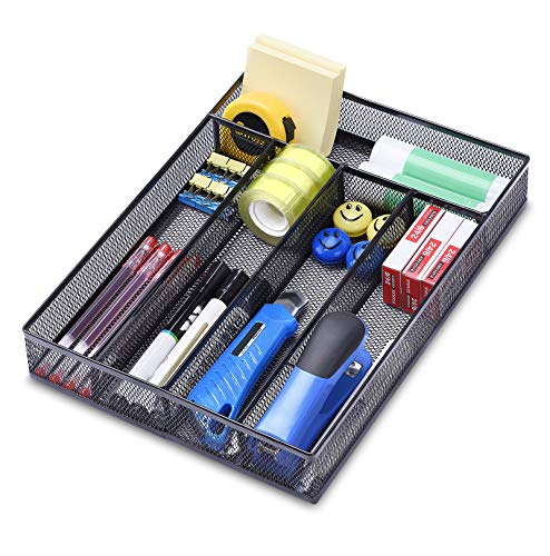 WuGeShop Office Desk Drawer Organizer, 5 Compartments Mesh Drawer Organizer Tray for Storage Art Supplies, Stationery, Black - color: Black-5 Compartments