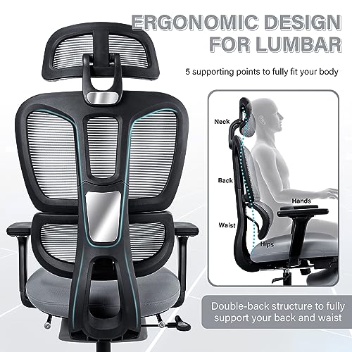Ergonomic Mesh Office Chair with Retractable Footrest - High Back Computer Chair, Lumbar Support, Adjustable Armrest and Headrest, Durable Base - Multifunctional Home Office Desk Chair for Adults - color: Dark Grey