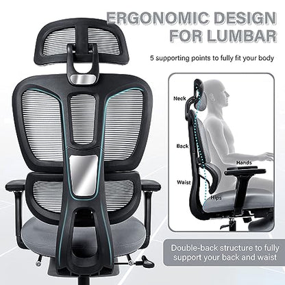 Ergonomic Mesh Office Chair with Retractable Footrest - High Back Computer Chair, Lumbar Support, Adjustable Armrest and Headrest, Durable Base - Multifunctional Home Office Desk Chair for Adults - color: Dark Grey