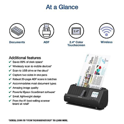 Epson Workforce ES-C380W Wireless Compact Desktop Document Scanner with 2-Sided Scanning and Auto Document Feeder (ADF) for PC and Mac