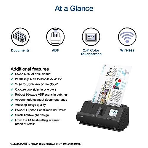 Epson Workforce ES-C380W Wireless Compact Desktop Document Scanner with 2-Sided Scanning and Auto Document Feeder (ADF) for PC and Mac