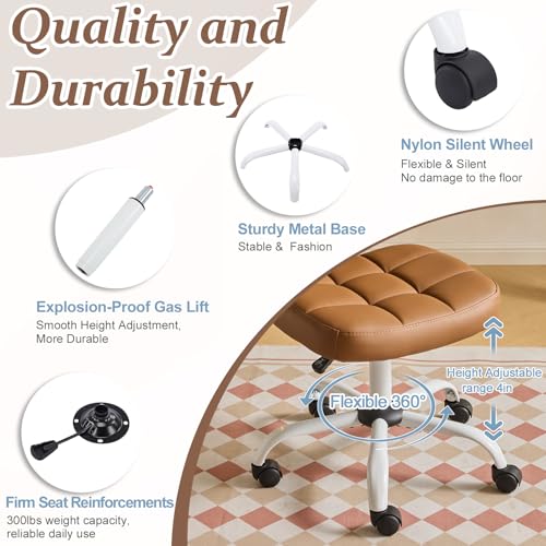 VINGLI Compact Small Desk Chair, Cute Armless Chair with Wheels, Vanity Chair with Low Back, Height Adjustable Task Chair for Small Spaces, Office, Bedroom, Make Up Room, PU Leather, Brown - color: Warm Brown