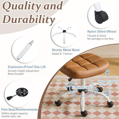 VINGLI Compact Small Desk Chair, Cute Armless Chair with Wheels, Vanity Chair with Low Back, Height Adjustable Task Chair for Small Spaces, Office, Bedroom, Make Up Room, PU Leather, Brown - color: Warm Brown