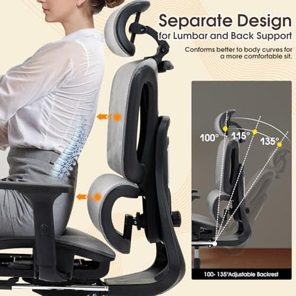Grey Mesh Ergonomic High Back Office Chair with Footrest | Adjustable Lumbar Support, Headrest, Armrests, Reclining, Swivel, Rolling Casters, Sturdy Base, for Home Office & Gaming - color: Grey, style: Upgrade w/ footrest