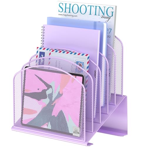 Delifox Inclined Desk File Organizer,Vertical File Folder Holder Stand Metal Rack File Sorter for Office Classroom Desktop Organization (1, Purple, 5) - color: Purple, size: 1Pack