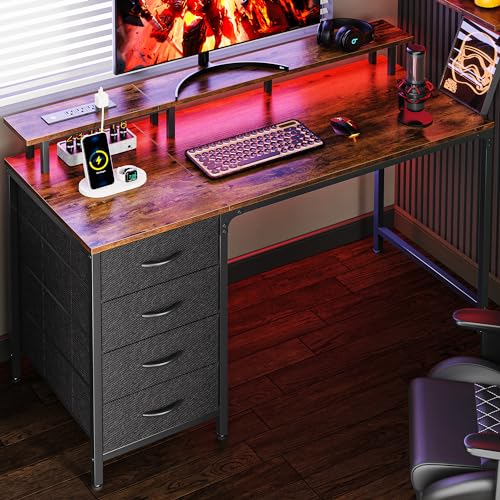 Huuger 47 Inch Computer Desk with Power Outlets and LED Lights, Gaming Desk with 4 Drawers, Office Desk with Monitor Stand, Study Work for Home Office, Small Spaces, Rustic Brown - color: Rustic Brown, size: 47 INCH
