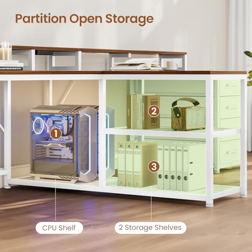 SEDETA 95" 2 Person Gaming Desk with 8 Drawers Storage Shelves, Brown+White | Double T Shaped Office Desk with LED Lights, Power Strip with USB & Monitor Stand for Home Office, Bedroom - color: Brown+white