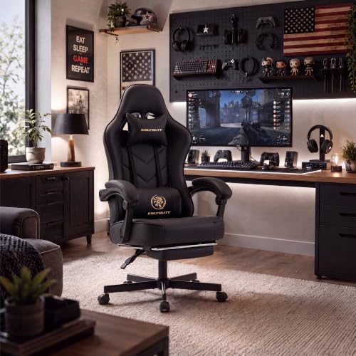 Desk Computer Gaming Chair - High Back Ergonomic Office Chair with Footrest and Lumbar Support, Swivel Comfy Home Gamer Video Game Chairs with Pocket Spring Cushion for Adults (Black Leather) - color: Classic Black Leather