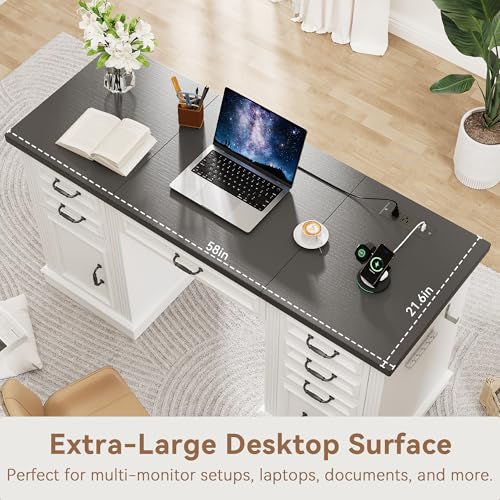 Jocoevol 57" Lift Executive Desk with Drawers, Farmhouse Home Office Desk with File Cabinet Storage, Computer Desk with Charging Station & Headphone Hook for Work/Study/Writing (White & Black, Lift)