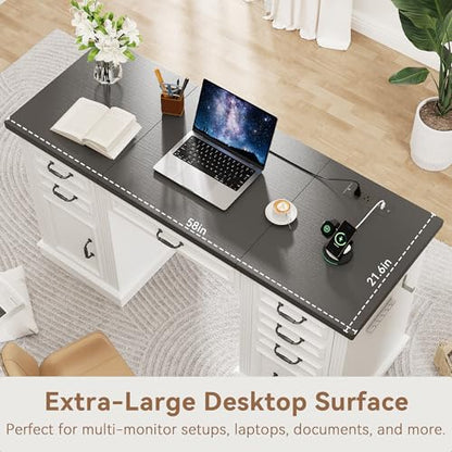 Jocoevol 57" Lift Executive Desk with Drawers, Farmhouse Home Office Desk with File Cabinet Storage, Computer Desk with Charging Station & Headphone Hook for Work/Study/Writing (White & Black, Lift)