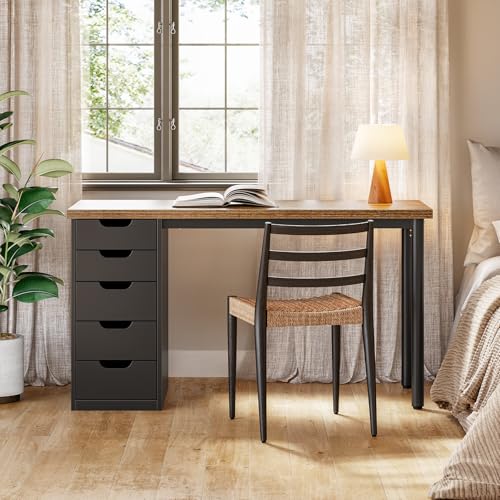 LITTLE TREE Computer Desk with 5 Drawers, 47 Inch Modern Simple Study Writing Desk with Metal Frame, Work Desk for Home Office, Rustic Brown and Black - color: Rustic Brown and Black