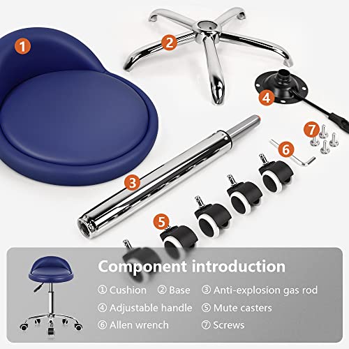 KKTONER PU Leather Round Rolling Stool with Back Rest Height Adjustable Swivel Drafting Work SPA Task Chair with Wheels (Blue) - color: Blue