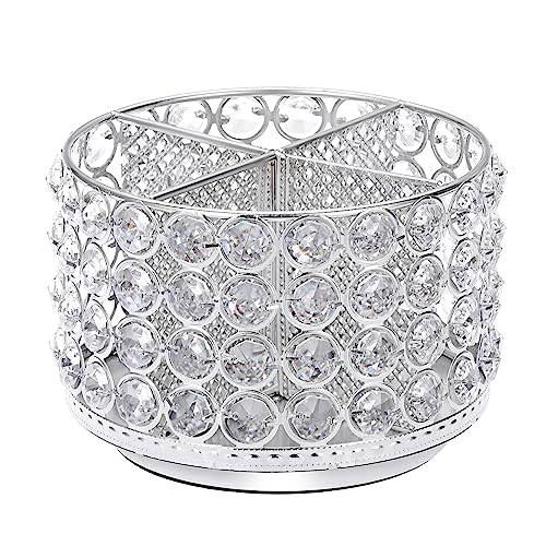 BTSKY Crystal 360 Degree Rotating Desk Organizer Decorative Storage Box with 4 Compartments, Glitter Metal Makeup Brush Holder Elegant Storage Caddy Home Decor Gift for Women, Round-4 Slots Silver - color: Silver
