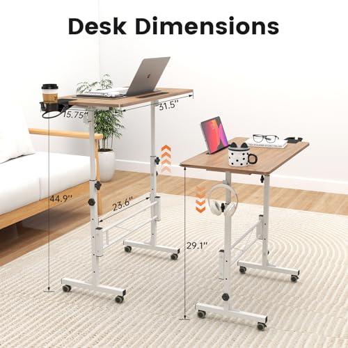 Hadulcet Small Standing Desk with Wheels, Rolling Desk Adjustable Height - color: Oak, size: 31.5" without Charging