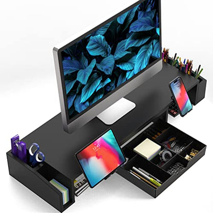 Simple Houseware Desk Dual Monitor Stand Riser with Drawer, Black - color: Black