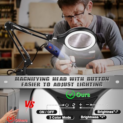NZQXJXZ 10X 30X Large Magnifying Glass with Light and Stand, 5-inch LED Lighted Magnifier, 3 Color Modes Stepless Dimmable, Hands-Free Magnifying Glass Desk Lamp for Reading Craft Hobby Close Work