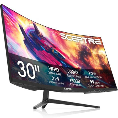 Sceptre Prime Curved 30-inch Gaming Monitor 200+Hz FreeSync Build-in Speakers 2560 x 1080p HDMI DP Machine Black 2026 (C305B-200UN Series) - style: 2025 30" 200Hz+
