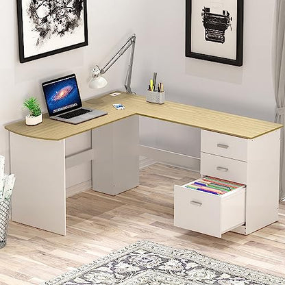 SHW L-Shaped Home Office Wood Corner Desk w/Box Box File Drawers, Oak | 51 x 59 Inches | 2 Pre-installed Grommets - color: Oak