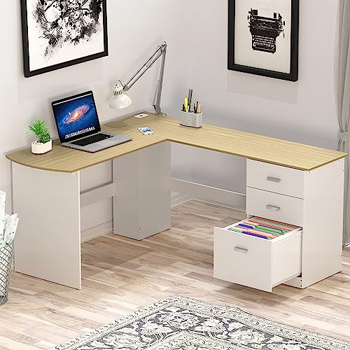SHW L-Shaped Home Office Wood Corner Desk w/Box Box File Drawers, Oak - color: Oak