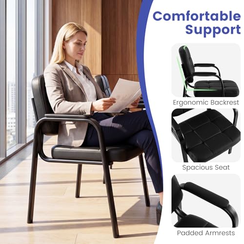 GIANTEX Waiting Room Guest Chairs Set of 2, Leather Office Reception Chairs with Padded Armrests, Metal Frame, Stationary Side Chairs No Wheels for Conference Meeting Lobby Home, Black