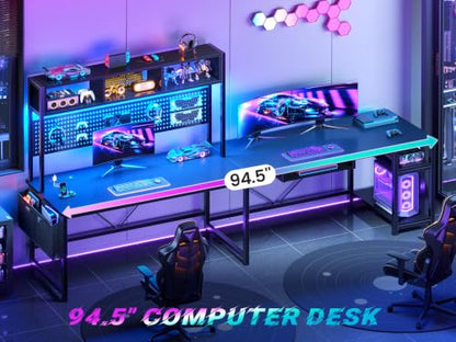 SEDETA 67" L Shaped Gaming Desk with Pegboard LED Lights and Power Outlet | Reversible Computer Desk with Keyboard Tray Hutch and Stoage Bag for Home Office, Black - color: Black With Power Outlet and Pegboard