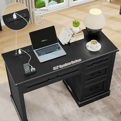 Vabches Farmhouse 47" Executive Desk with Charging Station, Pure Black. | Computer Desk with Drawers, Workstation Computer Desk with File Drawer for Home Office,Study. - color: Pure Black