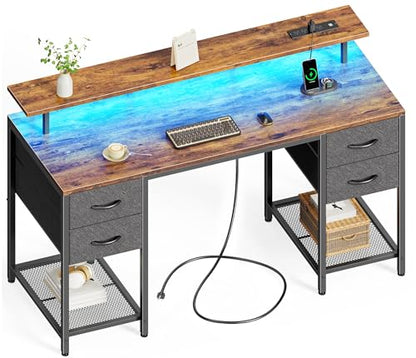 Huuger 55 inch Computer Desk with Power Outlets & 4 Drawers - color: Rustic Brown, size: 55 Inch